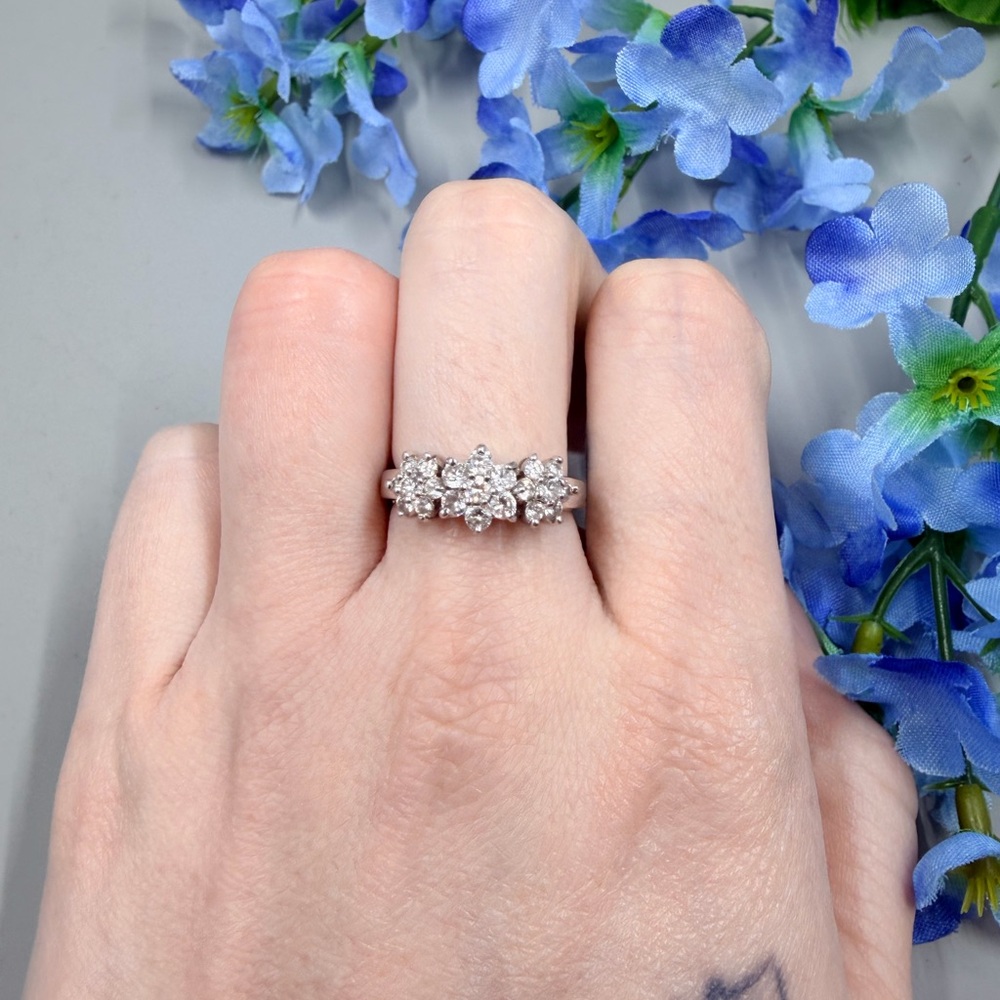 Triple Silver Floral Crystal Cluster Vintage Ring